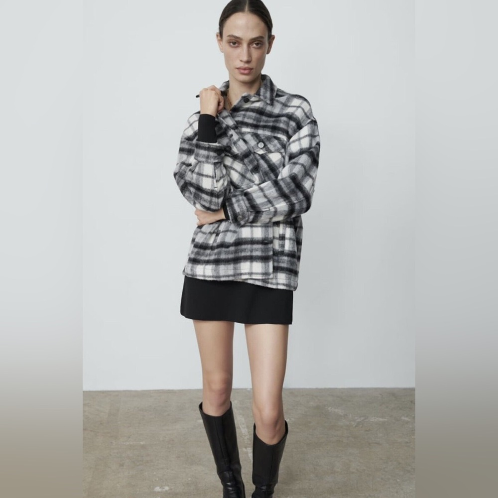 Zara Black White Plaid Wool Blend Overshirt